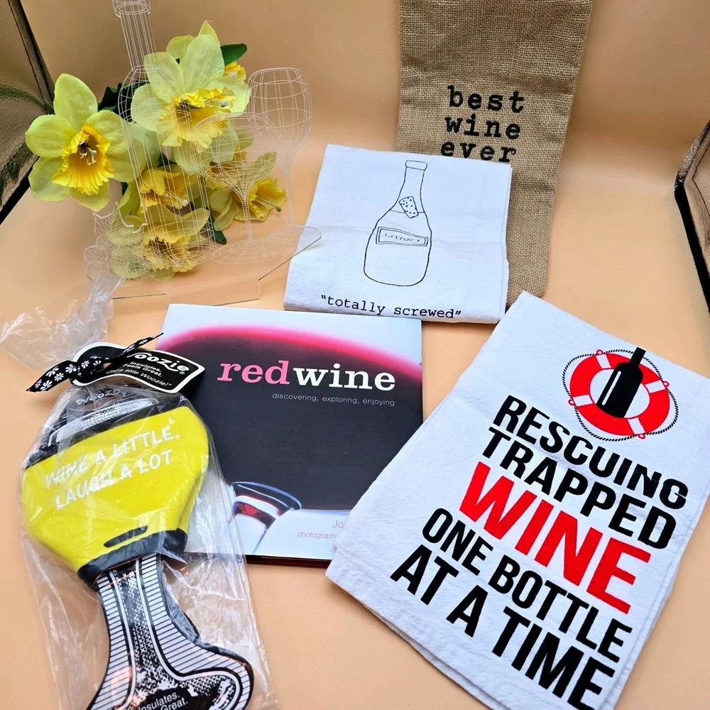 Wine Lovers Gift Set  Book Towels Burlap Bag Woozie Sleeve Wine Decor‎ 6 Pc